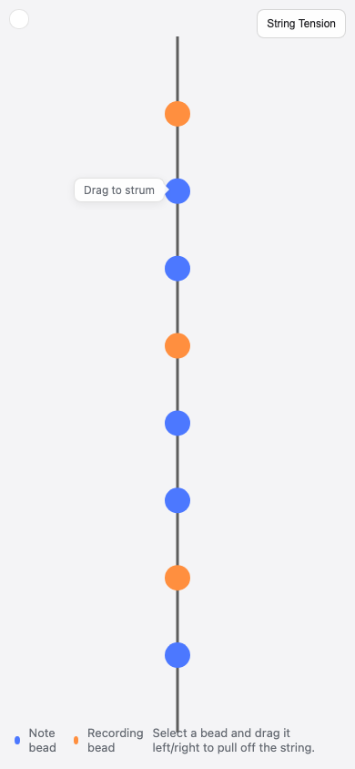The bead-ui demo on a phone, a vertical string with blue note beads and orange recording beads, and a hint reading "Drag to strum"