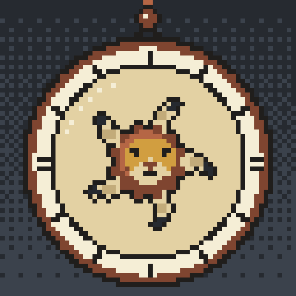 The ripeto icon, the spirit Buer as a pocket clock hanging on a string, in cream and brown on a dark blue ground