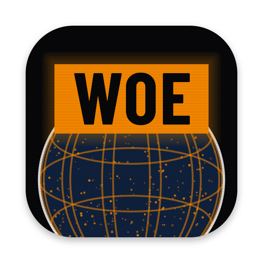 The WOE icon, a black-on-amber WOE station bug over a navy wireframe globe with an amber graticule and a white rim, on black